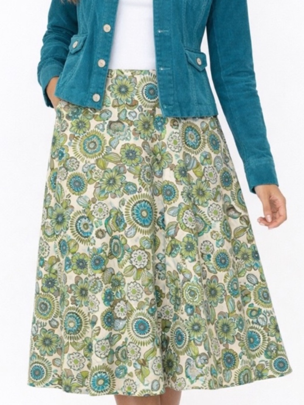 Y2K Christopher & Banks Floral A-Line Midi Skirt Green & Blue Retro Size 12 P